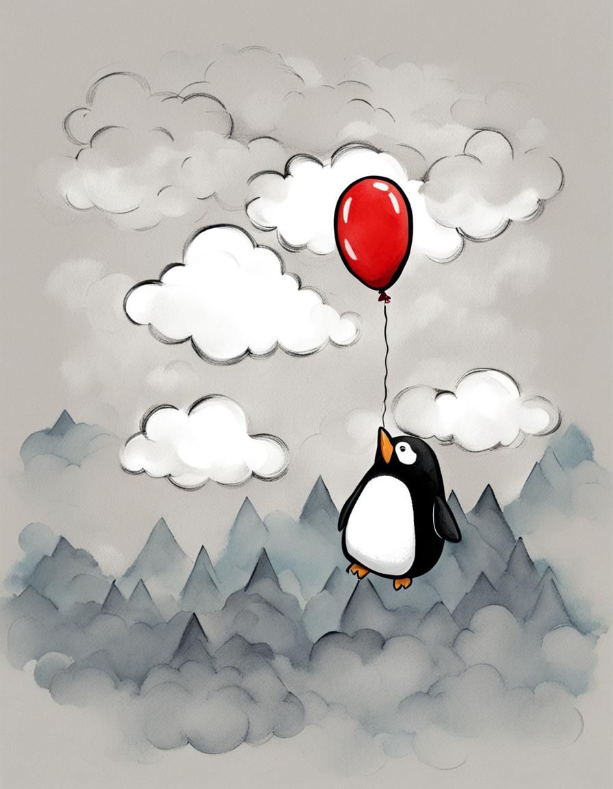 Penguin with Balloon Floating in the Sky