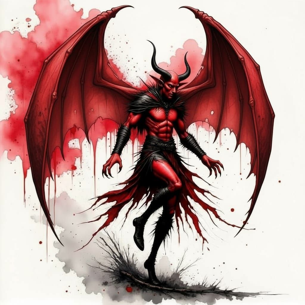 Tiefling with Wings Running in Scratchy Ink Style