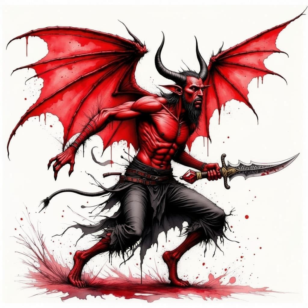 Tiefling with Wings in Scratchy Ink Style