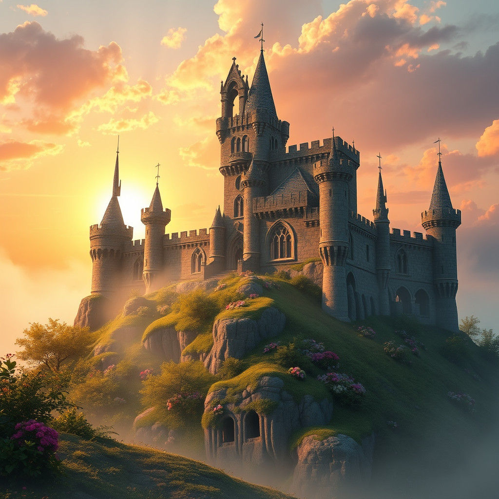 Majestic Medieval Castle at Sunset, Fantasy Concept Art