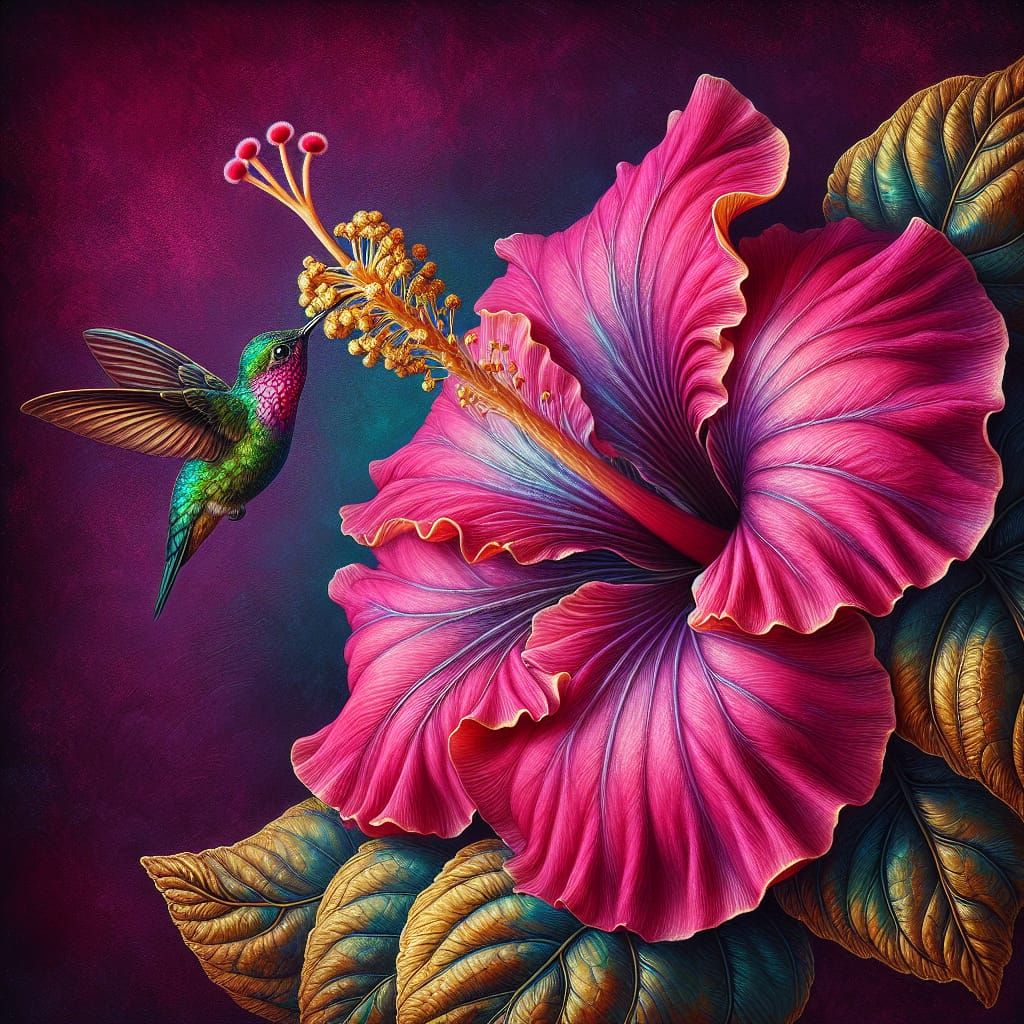 Vibrant Pink Hibiscus in Encaustic Style Luxury Scene
