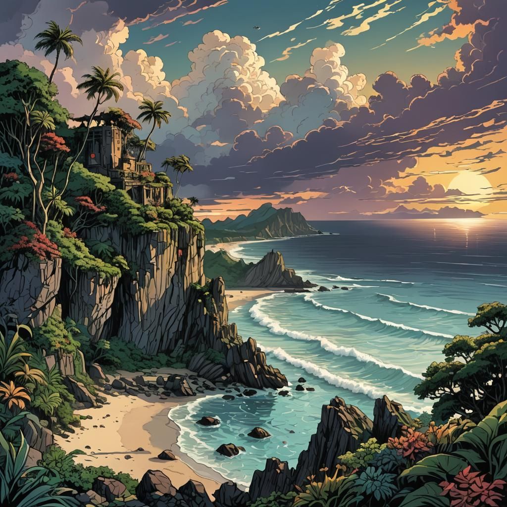 Tropical Beach Rocky Cliff: Retro D&D Illustration