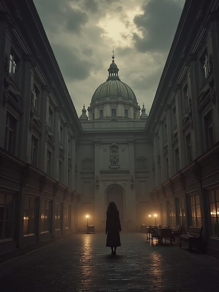 Dark Fantasy Book Poster of a Haunting 1900s Museum Scene