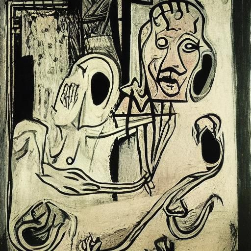 Ghoul's Descent: Surreal Night Scene in Cubist Style