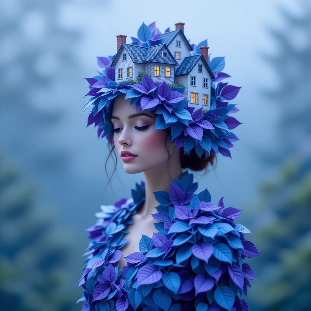 Surreal Woman of Houses and Leaves in Purple-Blue Harmony