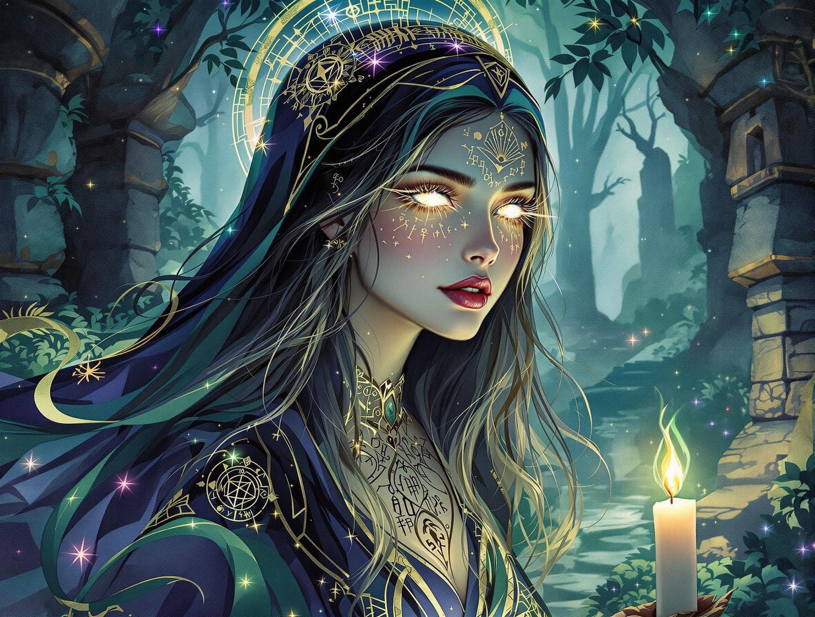 Ethereal Witch in Luminous Watercolor