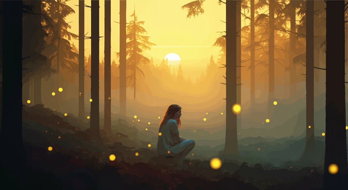 Ethereal Woman in Misty Forest with Fireflies
