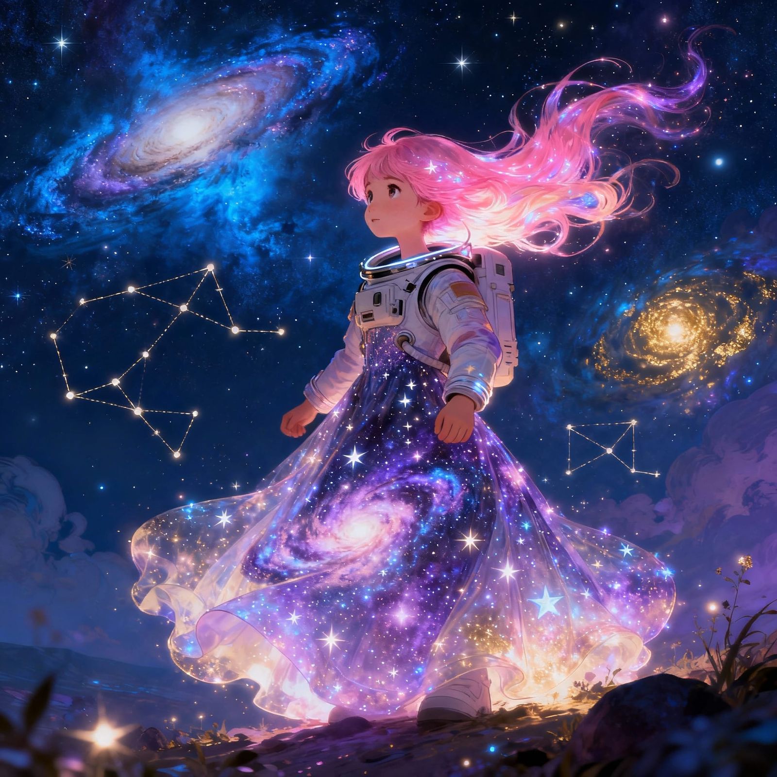 Astronaut Girl in Ethereal Gown Under Cosmic Night Sky