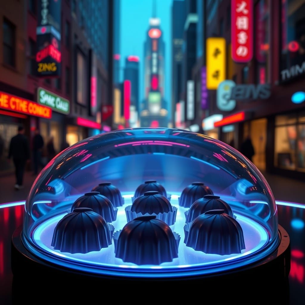 Cyberpunk Cityscape with Chocolates in Glowing Glass