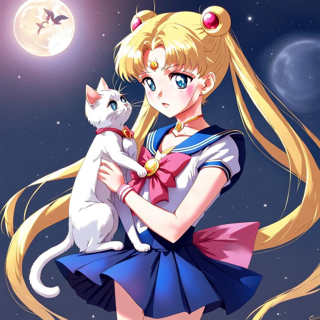 Sailor Moon and Cat in Anime Style
