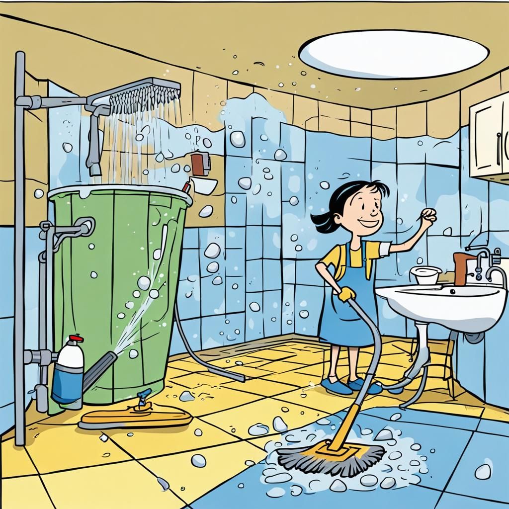 Cartoon Cleaner's Frustration with Cleaning