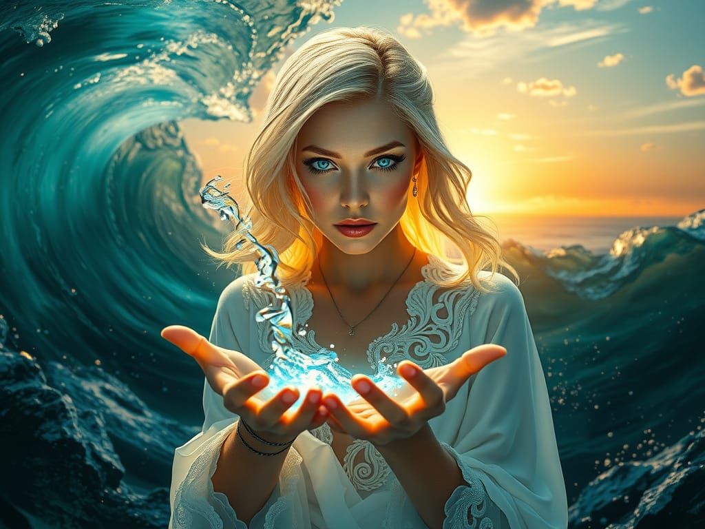 Ethereal Oceanic Goddess in Flowing White Attire