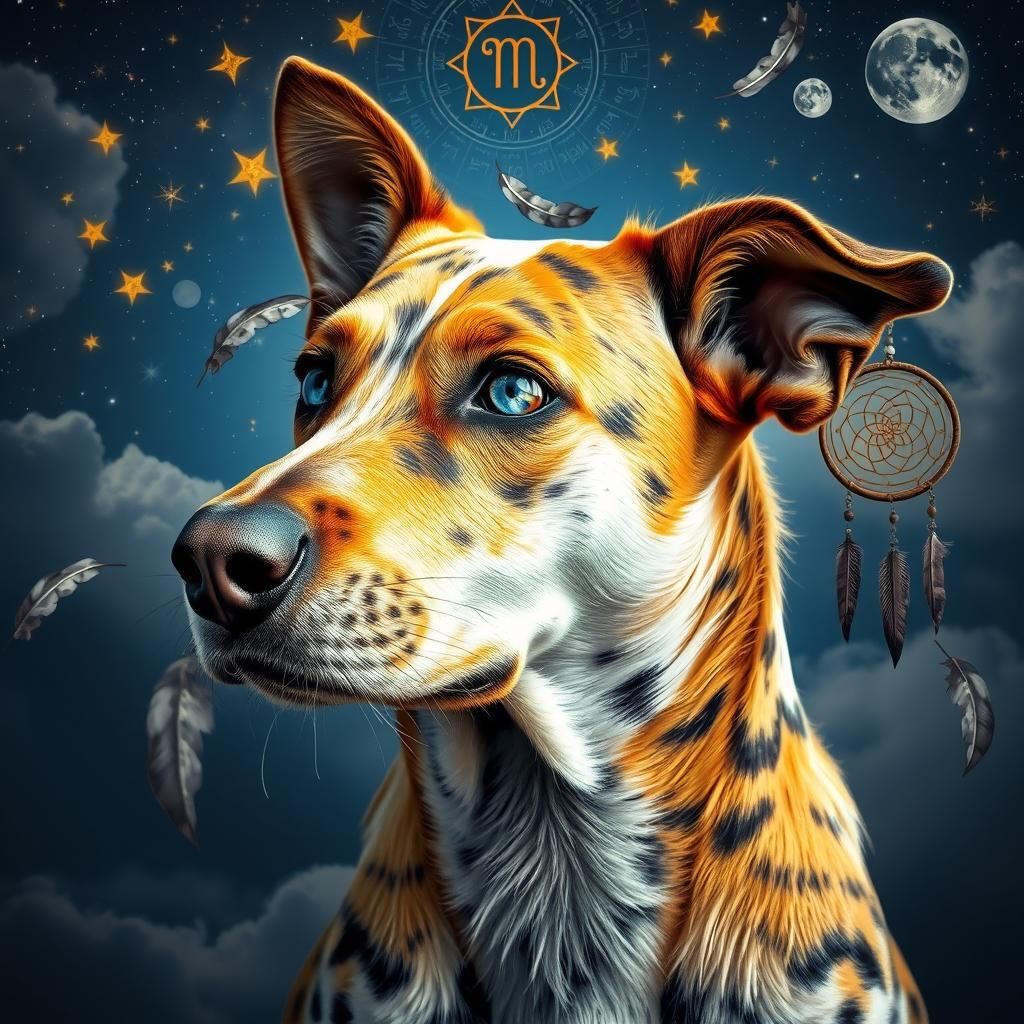 Majestic Catahoula Cur in Dreamlike Zodiac Landscape