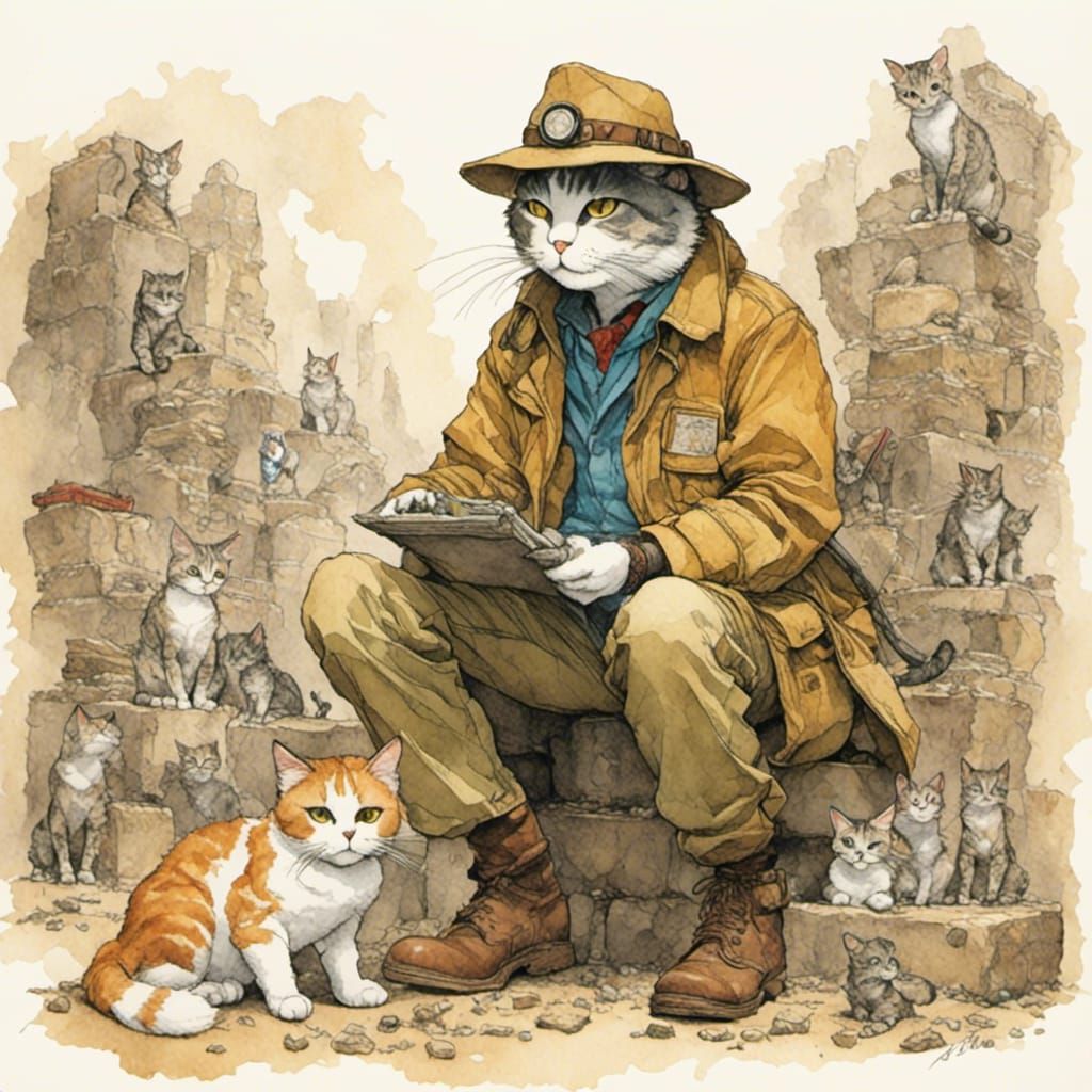 Cat Archaeologist Cartoon Drawing