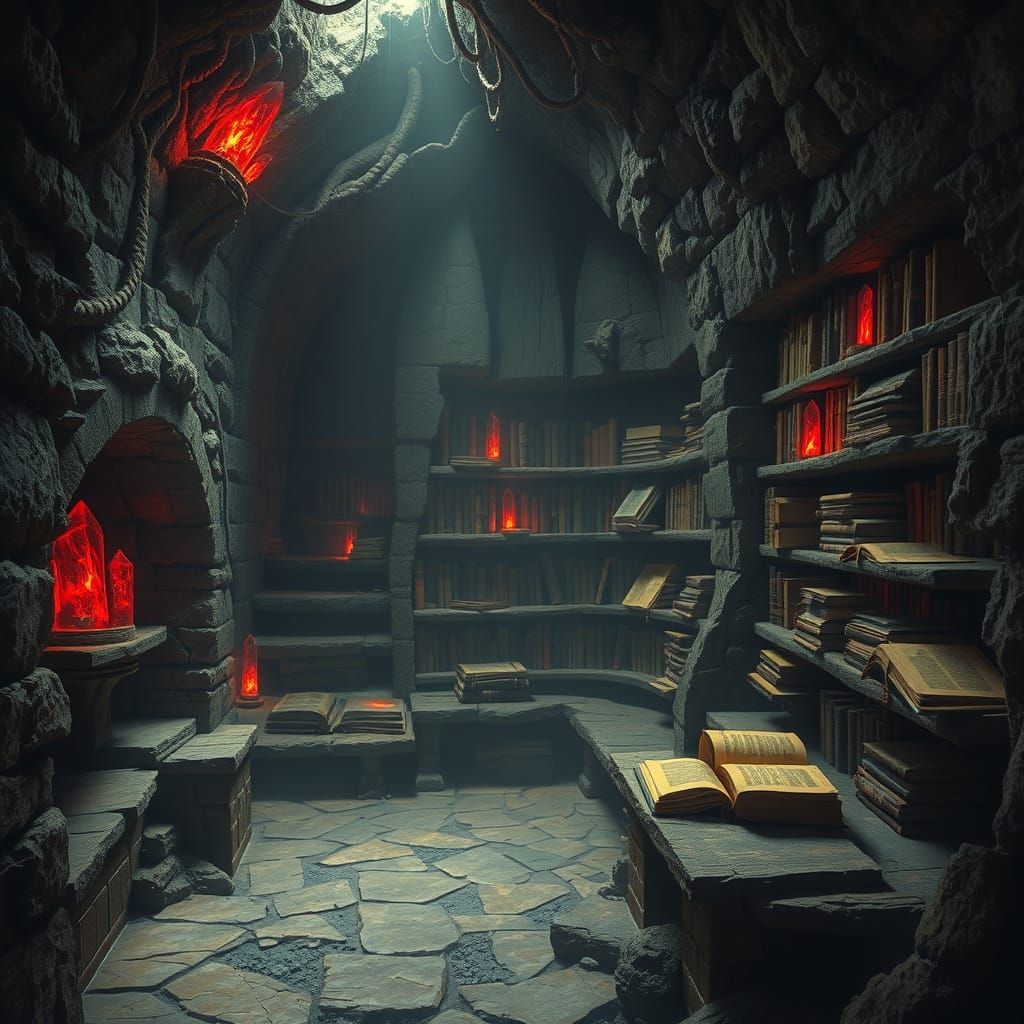 Ominous Sith Library in Dark, Red-Glowing Chamber
