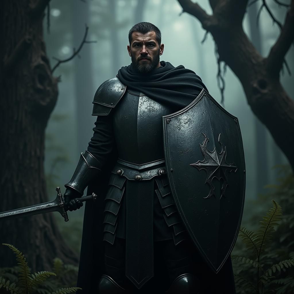Chiseled Knight in Dark Forest, Hyperrealistic Portrait