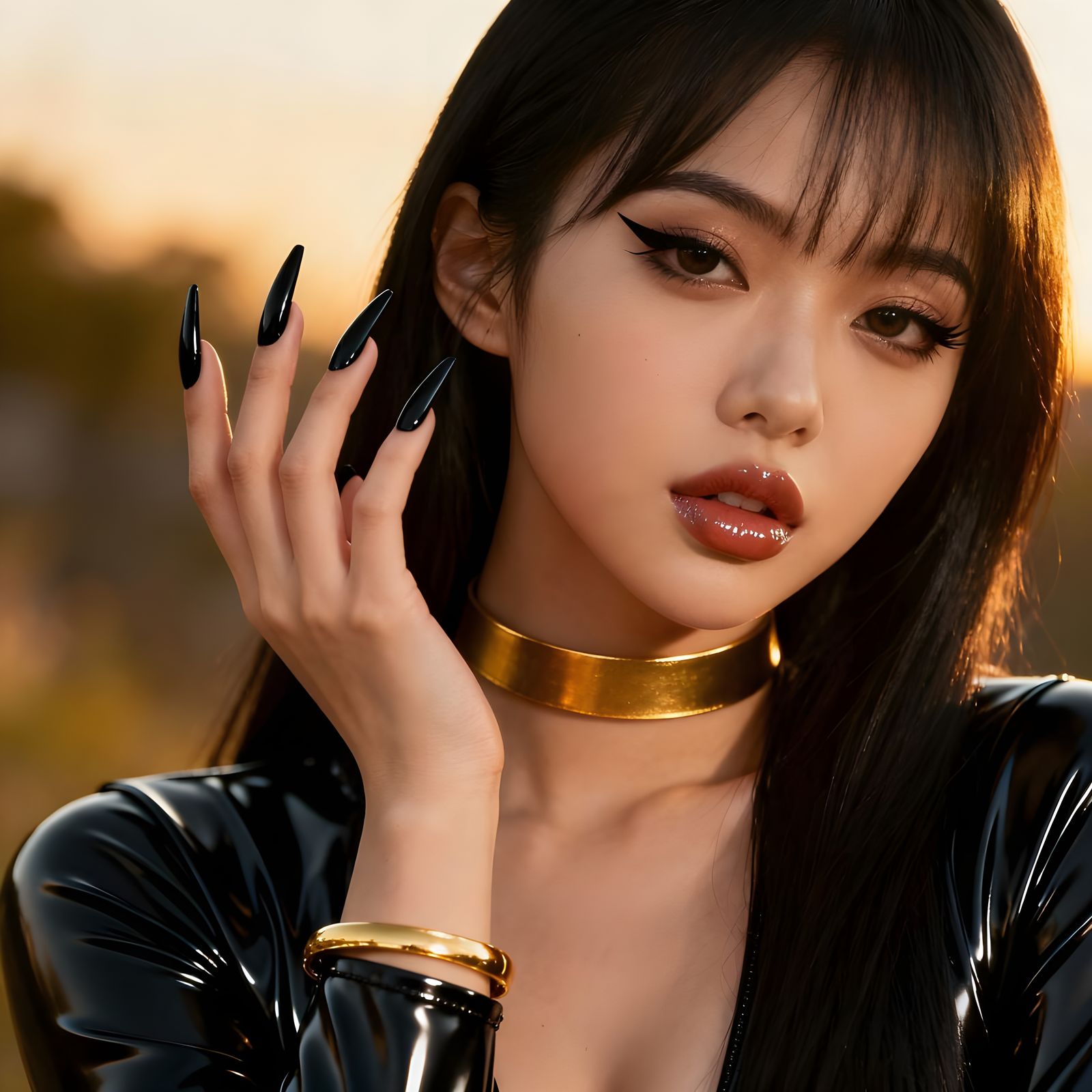 Ultra Realistic Asian Beauty in Black Latex with Golden Acce...