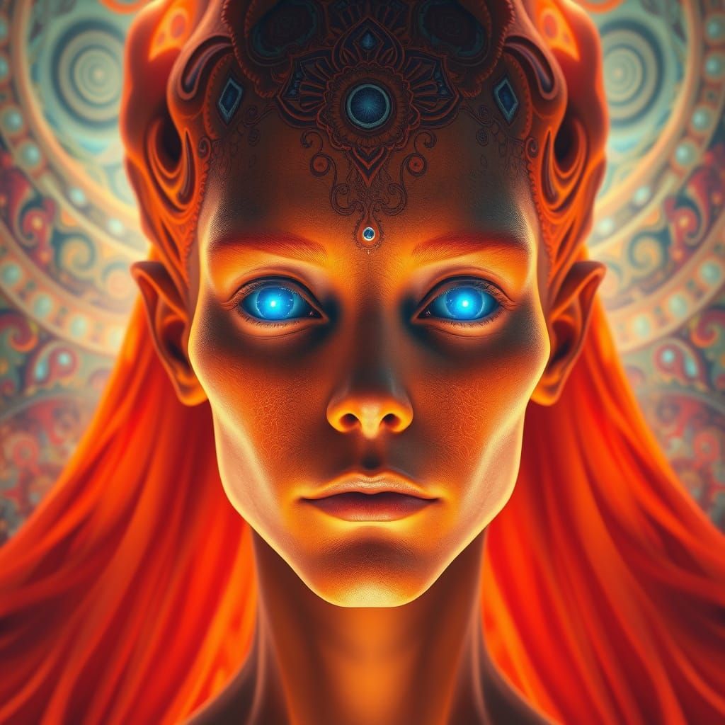 Orange-Skinned Alien with Blue Eyes in Sci-Fi Landscape