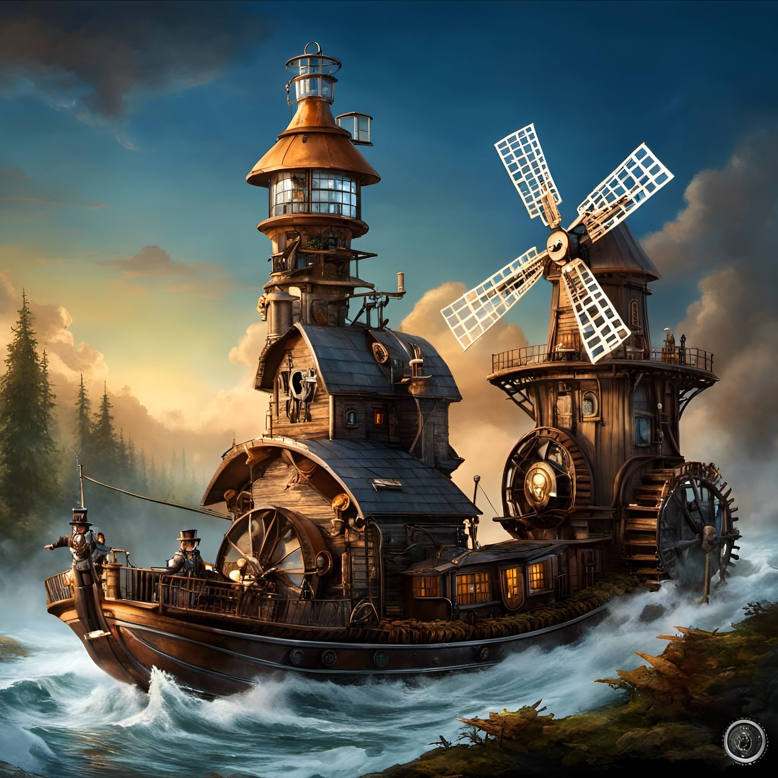 Steampunk Steam Pram Boat with Watermills and Windmill