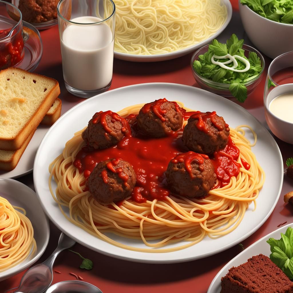 Hyperdetailed Spaghetti and Meatballs Dinner in 8K