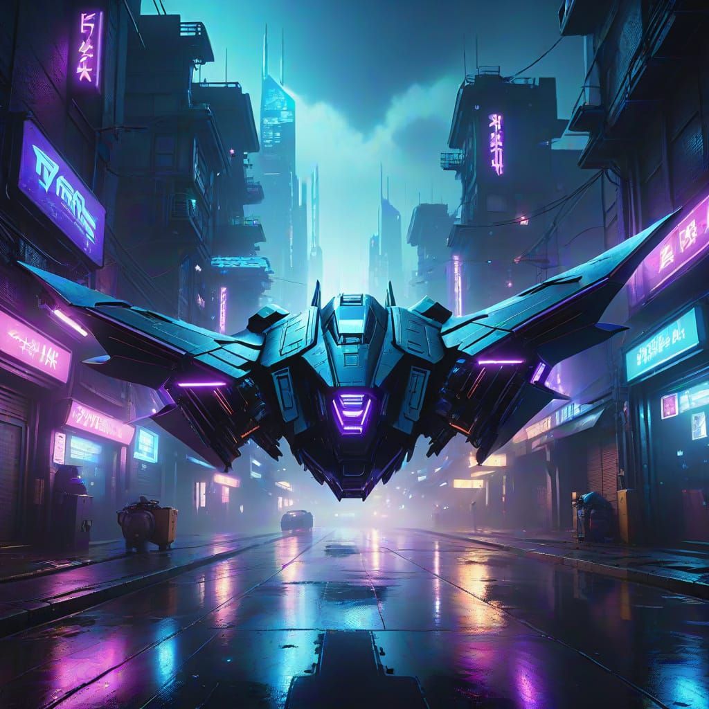 Cyberpunk Batwing Soaring Through Neon Cityscape