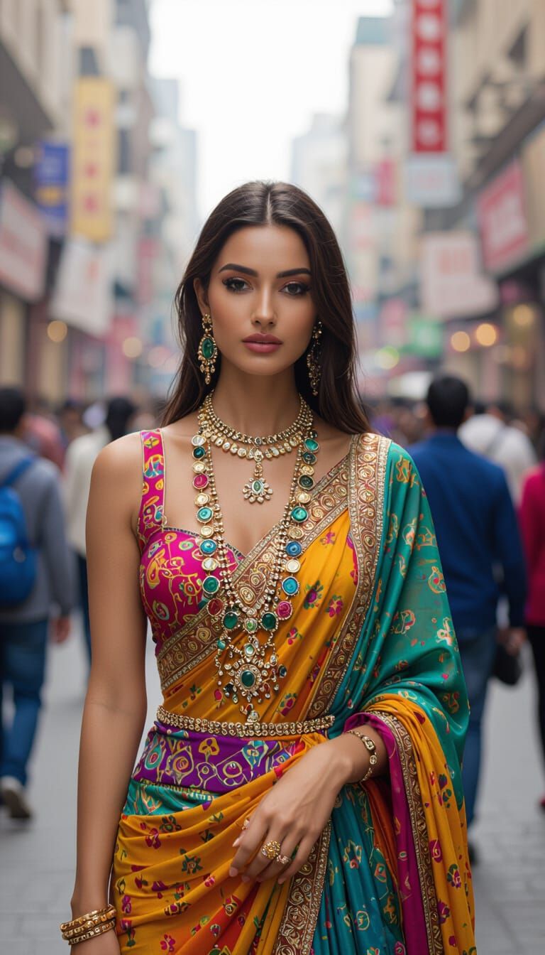 Hyperrealistic Woman in City Street Scene