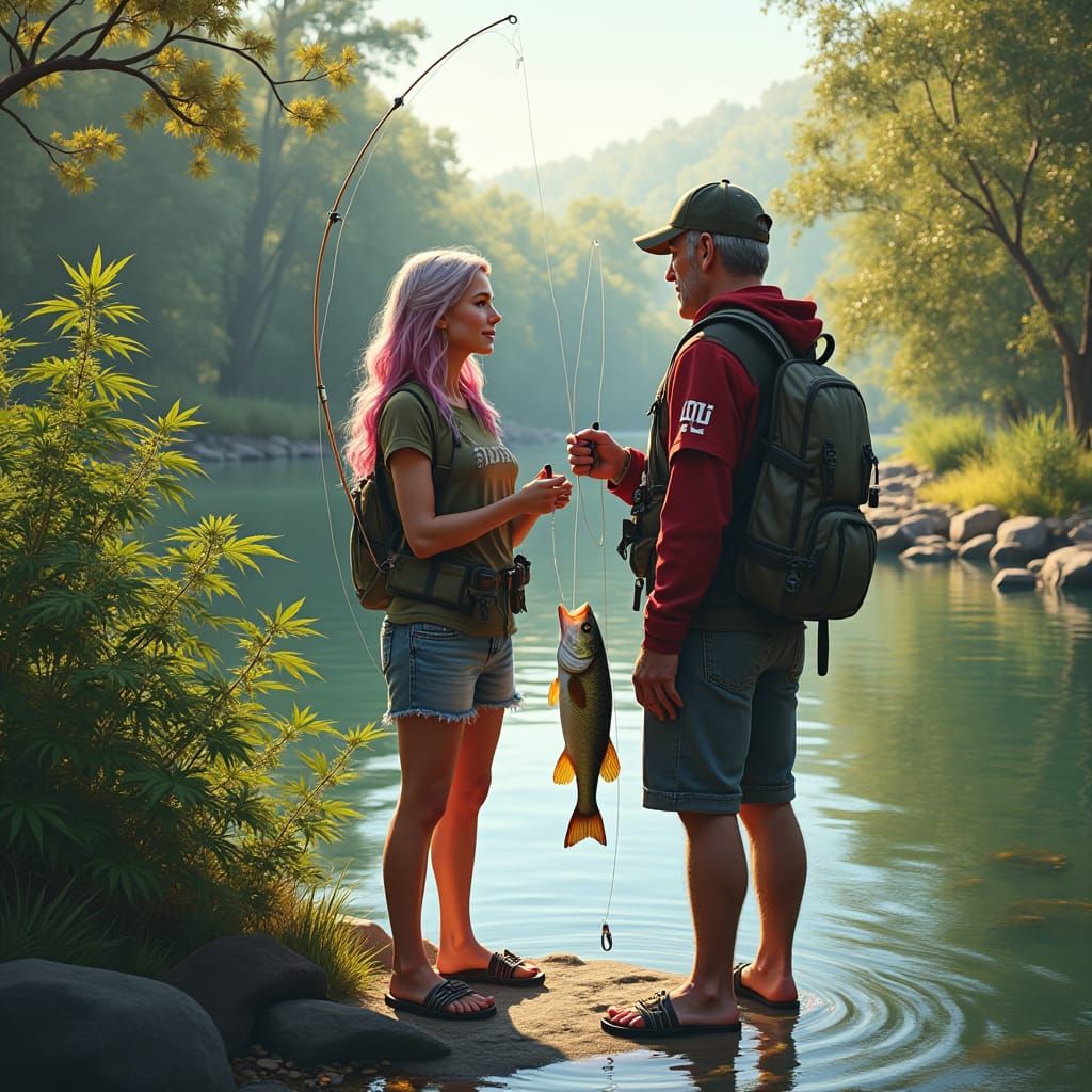 Couple Fishing by Cannabis River, Fantasy Matte Painting