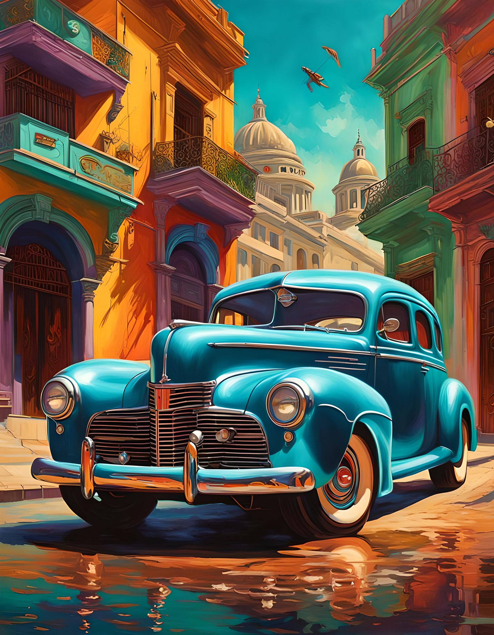 Vintage Hot Rod in Cuba, Retro Painting