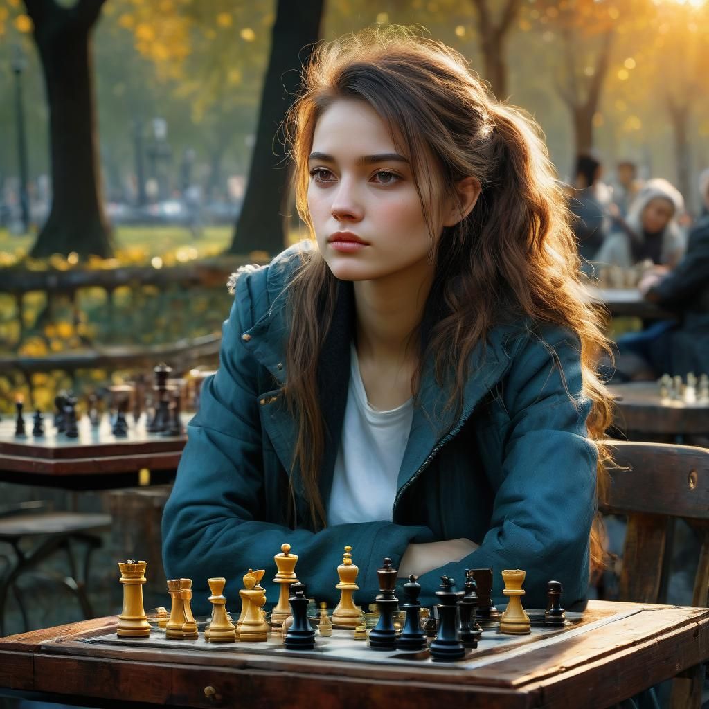 French Woman Plays Chess at Sunset