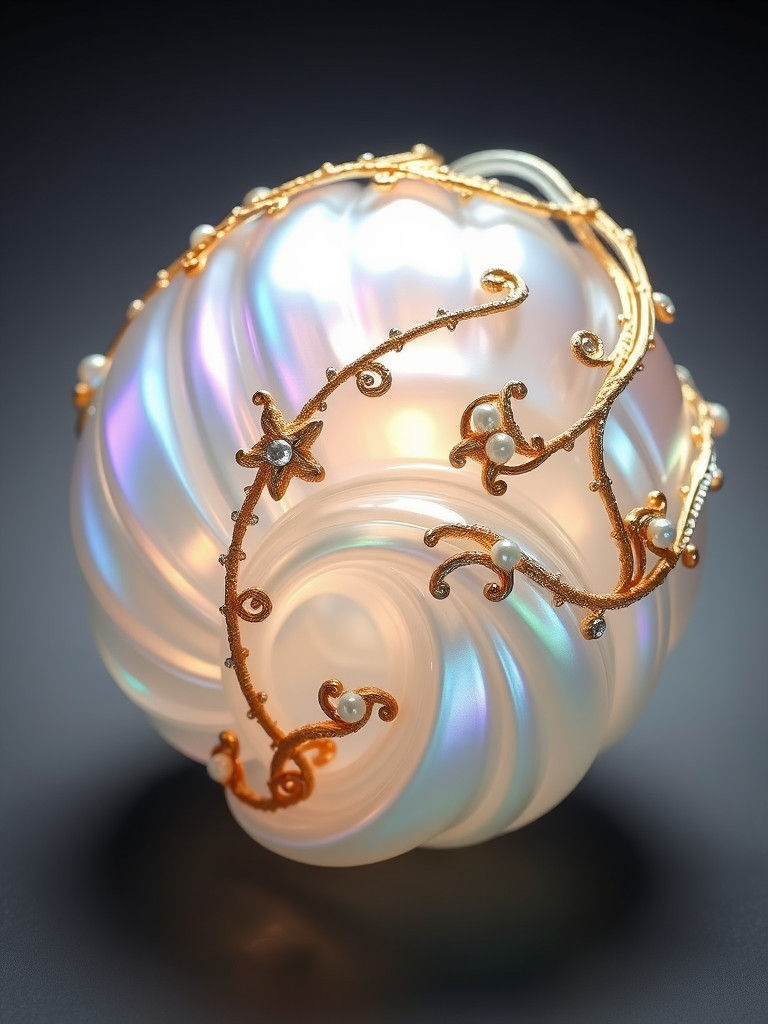 Iridescent Glass Seashell with Gold and Pearl Accents