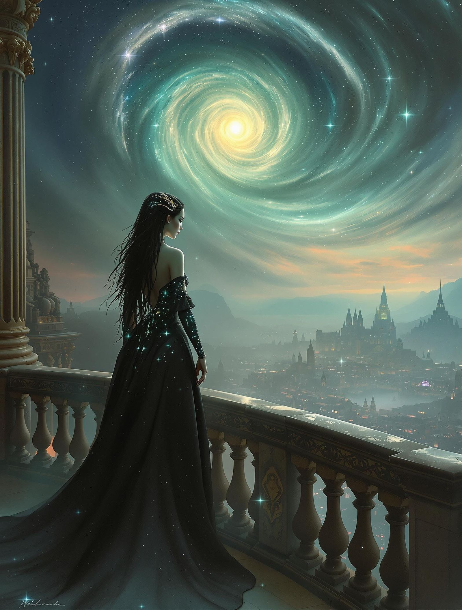 Alien Queen Overlooks City in Dreamlike Landscape