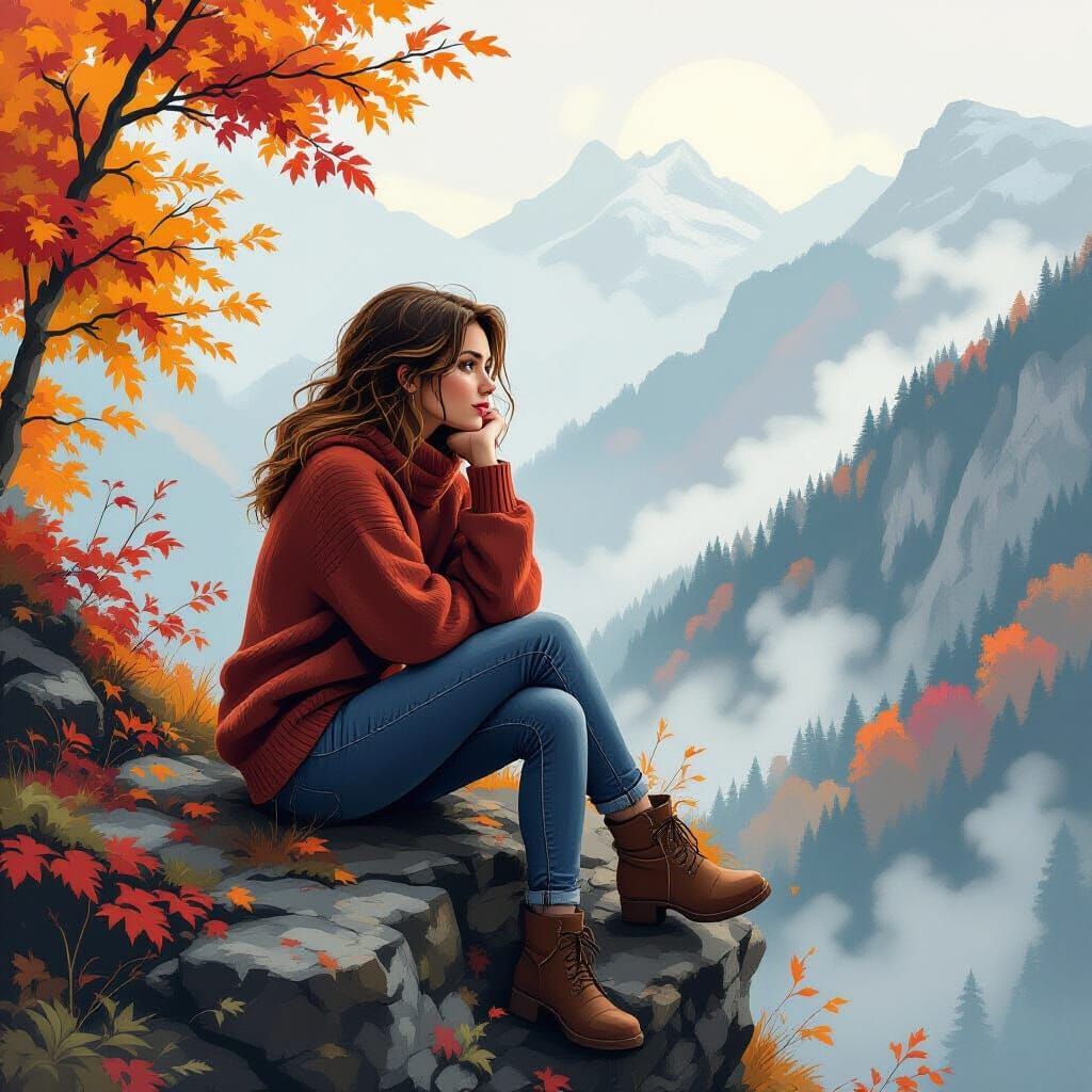 Contemplative Woman in Autumn Landscape, Concept Art
