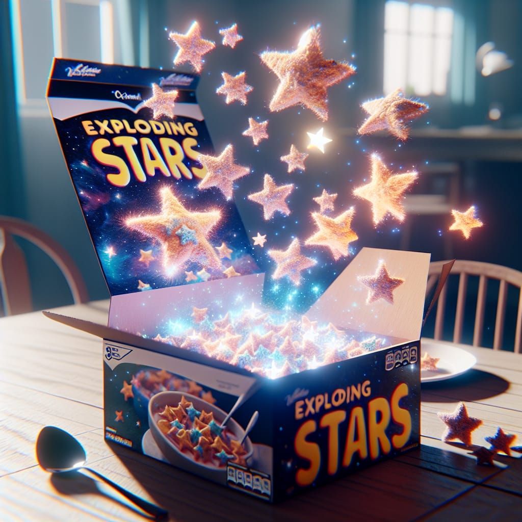 A box of "Exploding Stars" cereal real magical stars from the universe sparkling and exploding cosmos spilling out on th...