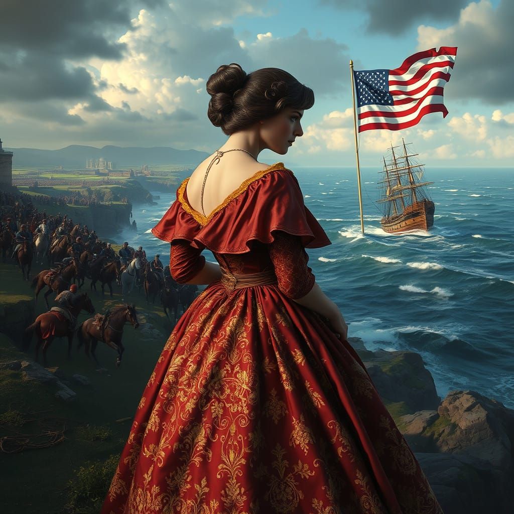 Regal Victorian Goddess Surrounded by Historic Battle and Wr...