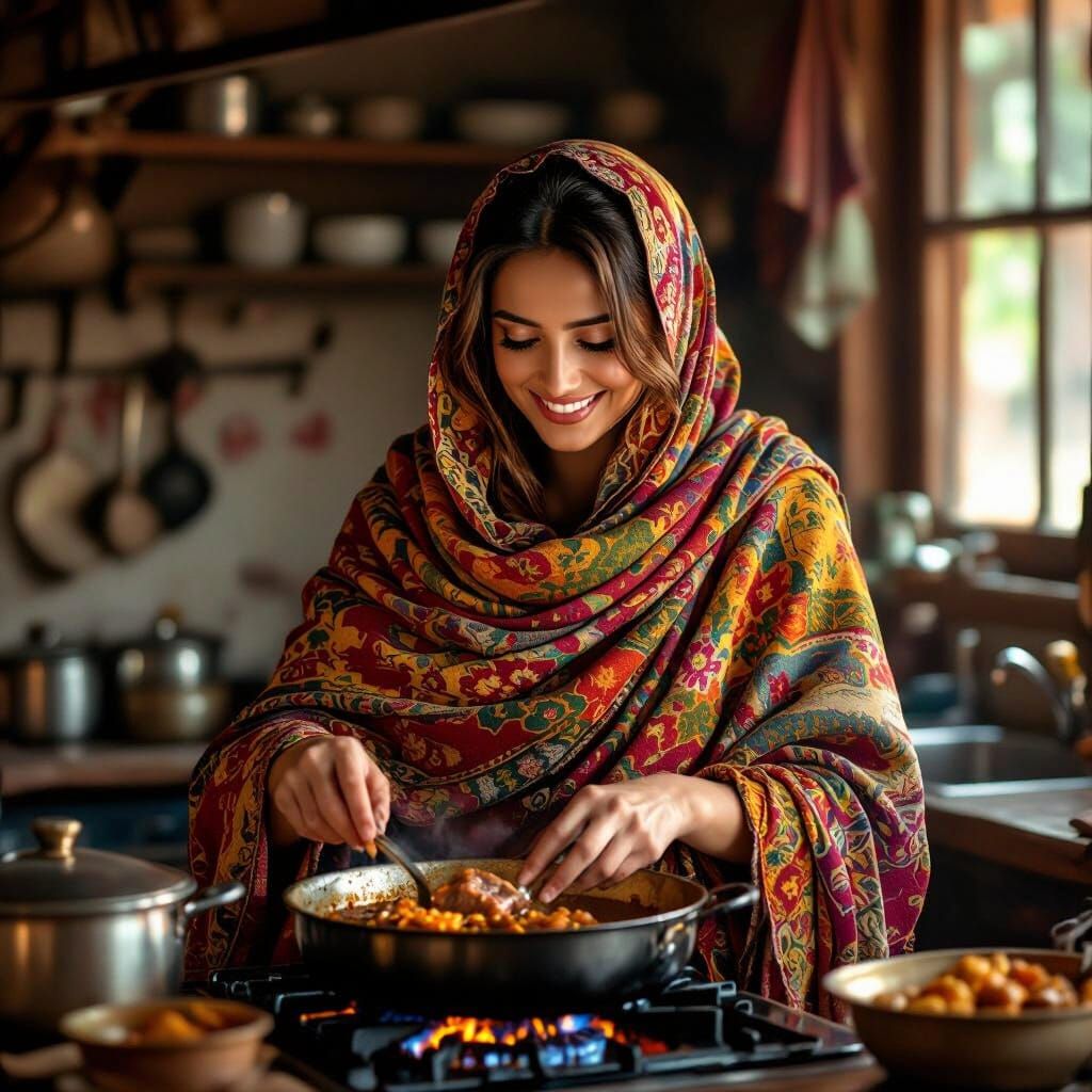Uswa in Pashtun Shawl by Kitchen Stove