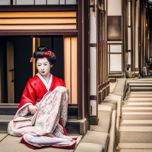 Geisha in Kyoto Looking Out Window