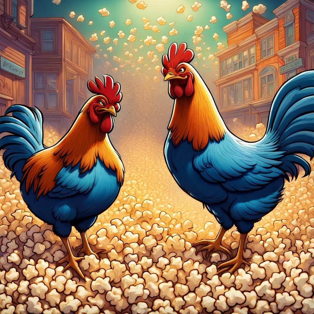 Chickens Eating Popcorn in Disney Animation Style