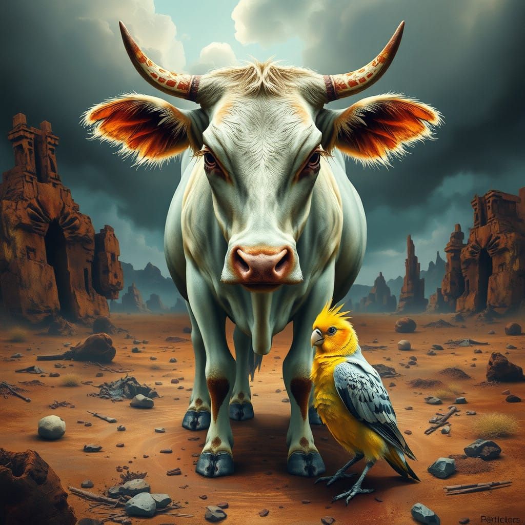 Cow and Cockatiel in Whimsical Despair, a Surrealist Masterp...