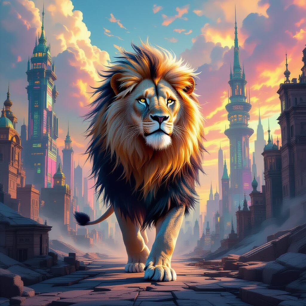 Opalescent Lion in Surreal Biomechanical Cityscape