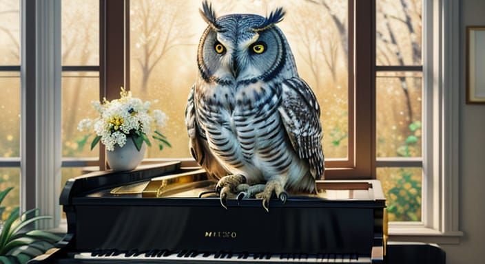 Pointillist Owl on Piano in Golden Hour Light