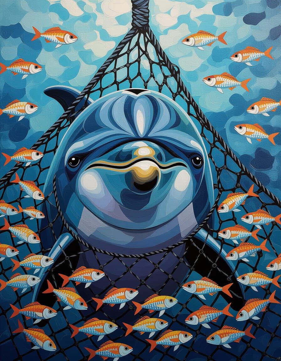 Sad Dolphin Trapped in Fishing Net, Impasto Painting