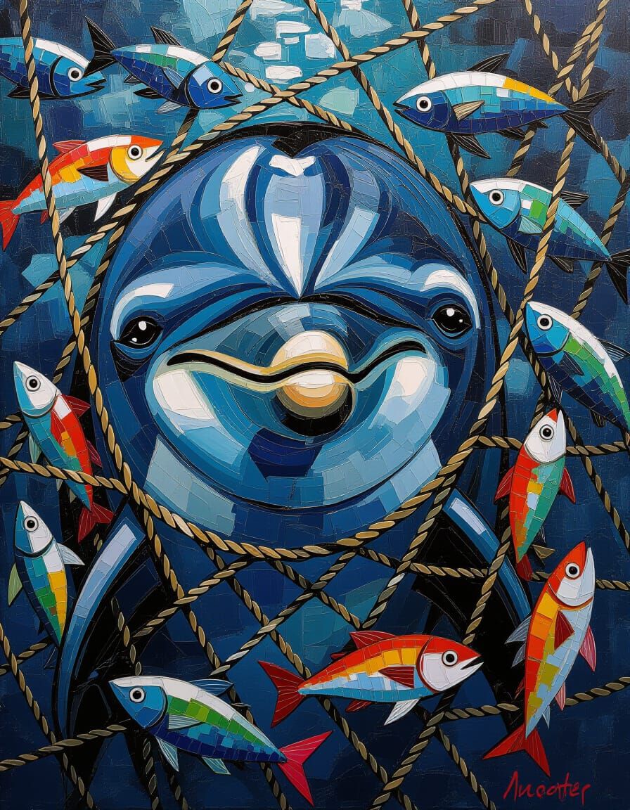 Sad Dolphin Trapped in Fishing Net: Impasto Oil Painting
