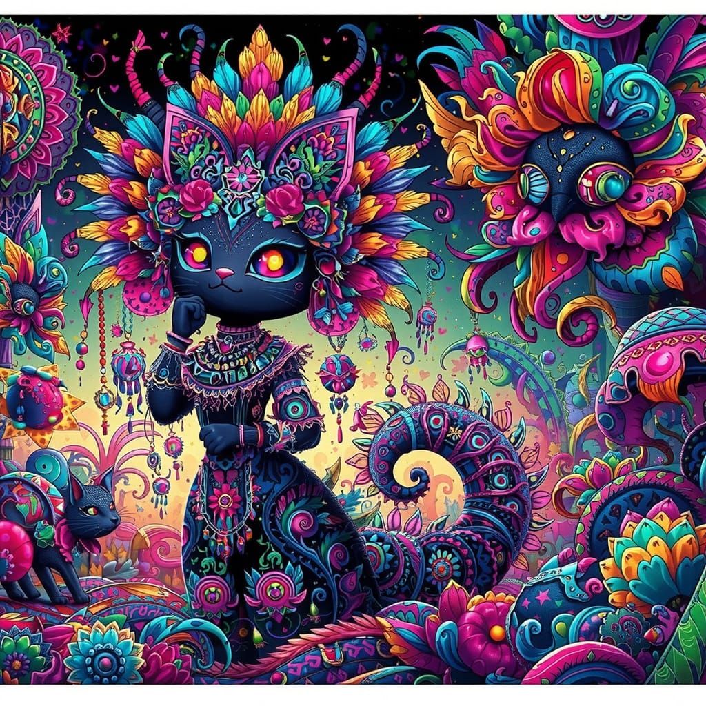 Whimsical Goth Quetzalcoatl Cat Woman in Cutecore Style