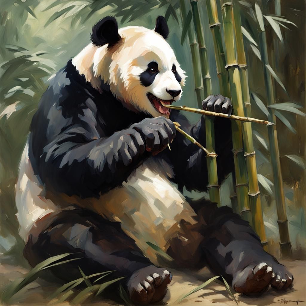 Panda's Bamboo Feast: An Oil Painting