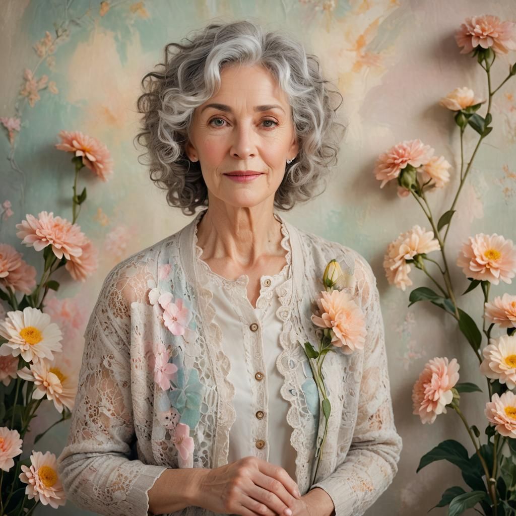 Dreamy Portrait of Woman with Gray Hair in Impressionist Sty...