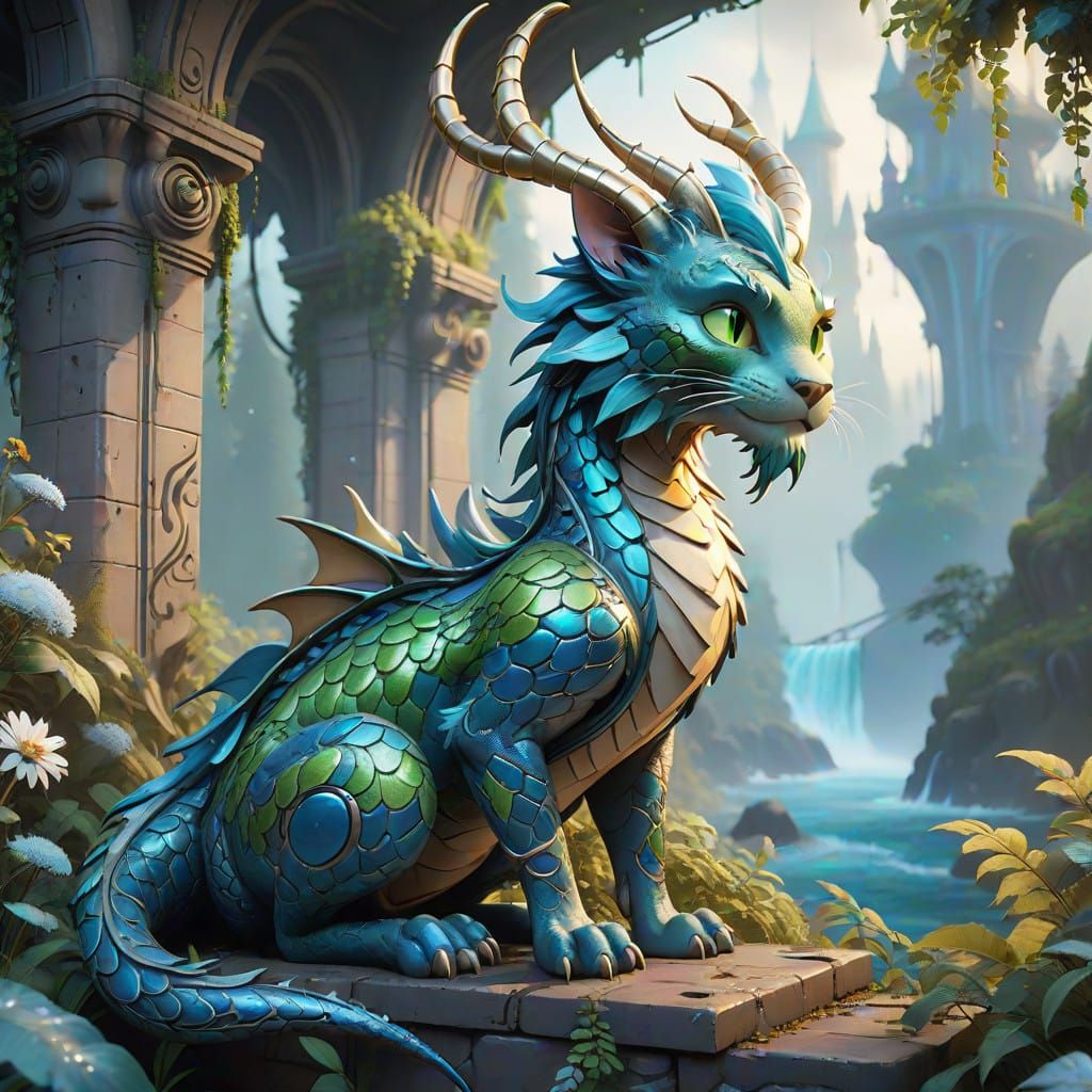 Majestic Dragon-Cat Amidst Winter Wonderland in Dreamlike Fa...