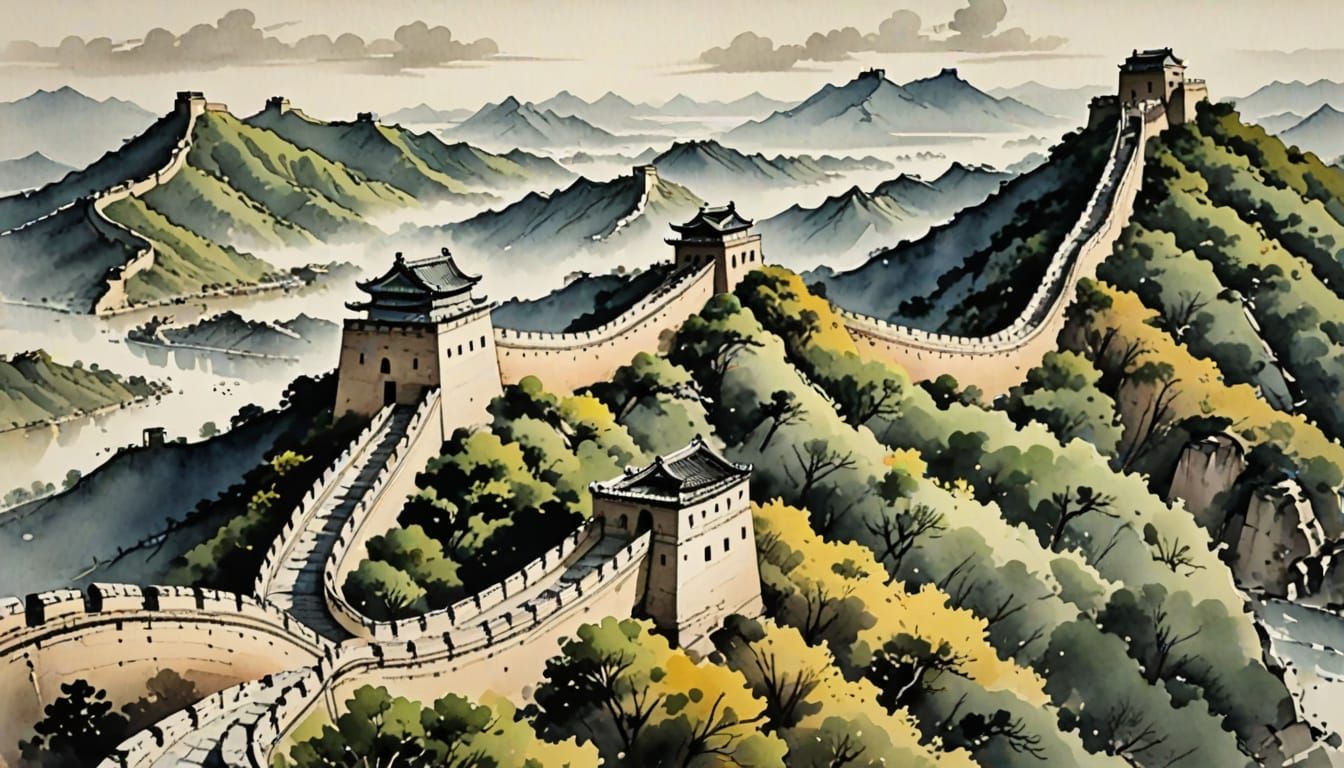 Ancient Chinese Watercolor of the Great Wall