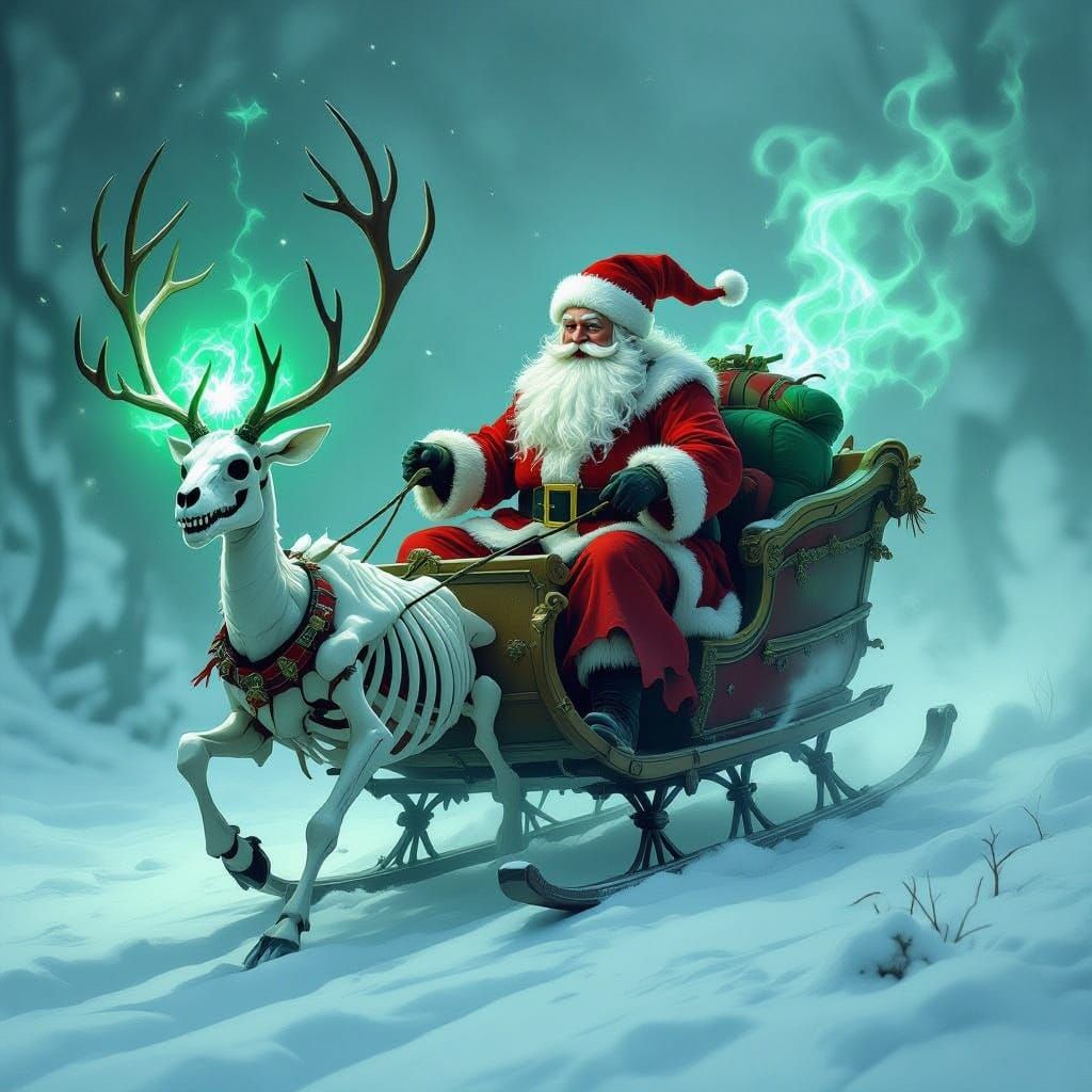 Fearless Santa Commands Haunted Sleigh Through Foggy Night