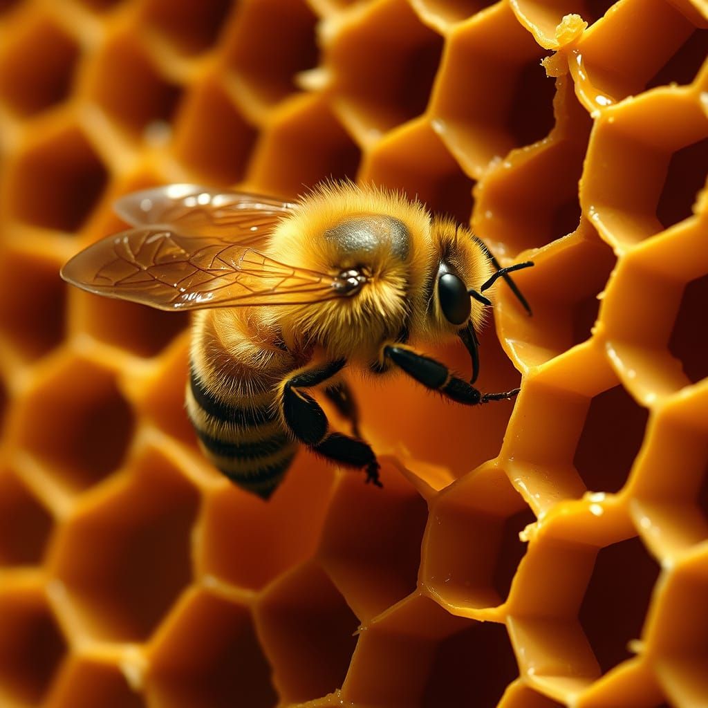 Regal Queen Bee Fills Honeycomb with Warm Amber Honey in Gol...