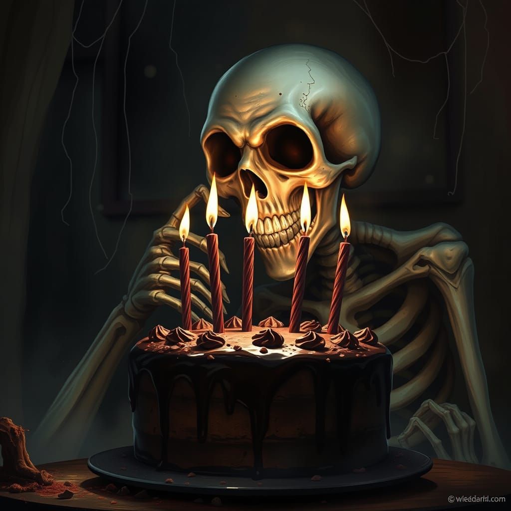 Skeleton Devouring Birthday Cake in Gothic Style